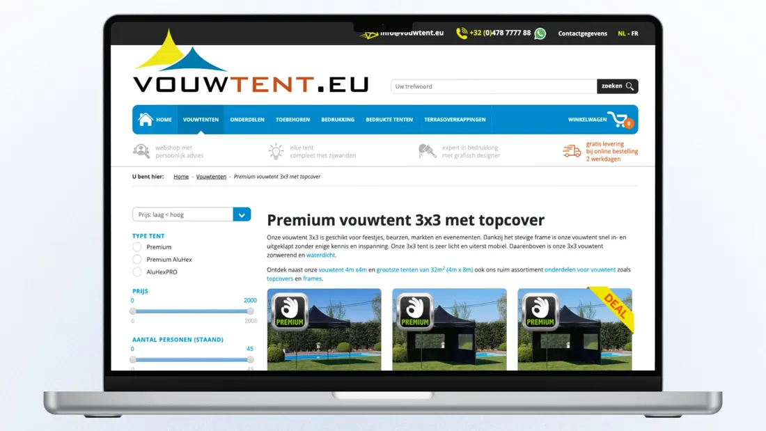 Webshop van Vouwtent.eu op een laptop